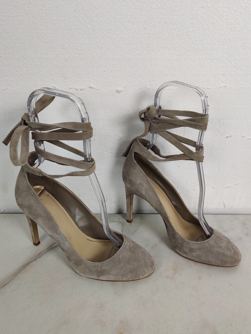 BCBGeneration Taupe Beige Suede Ellah Pumps Wrap Around Ankle Straps, 7.5